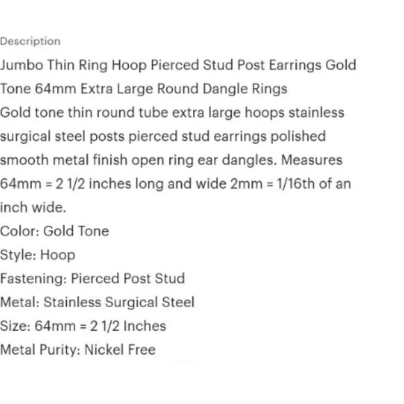 Jumbo Thin Ring Hoop Pierced Stud Post Earrings Gold Tone 64mm Extra Large Round - Picture 2 of 6
